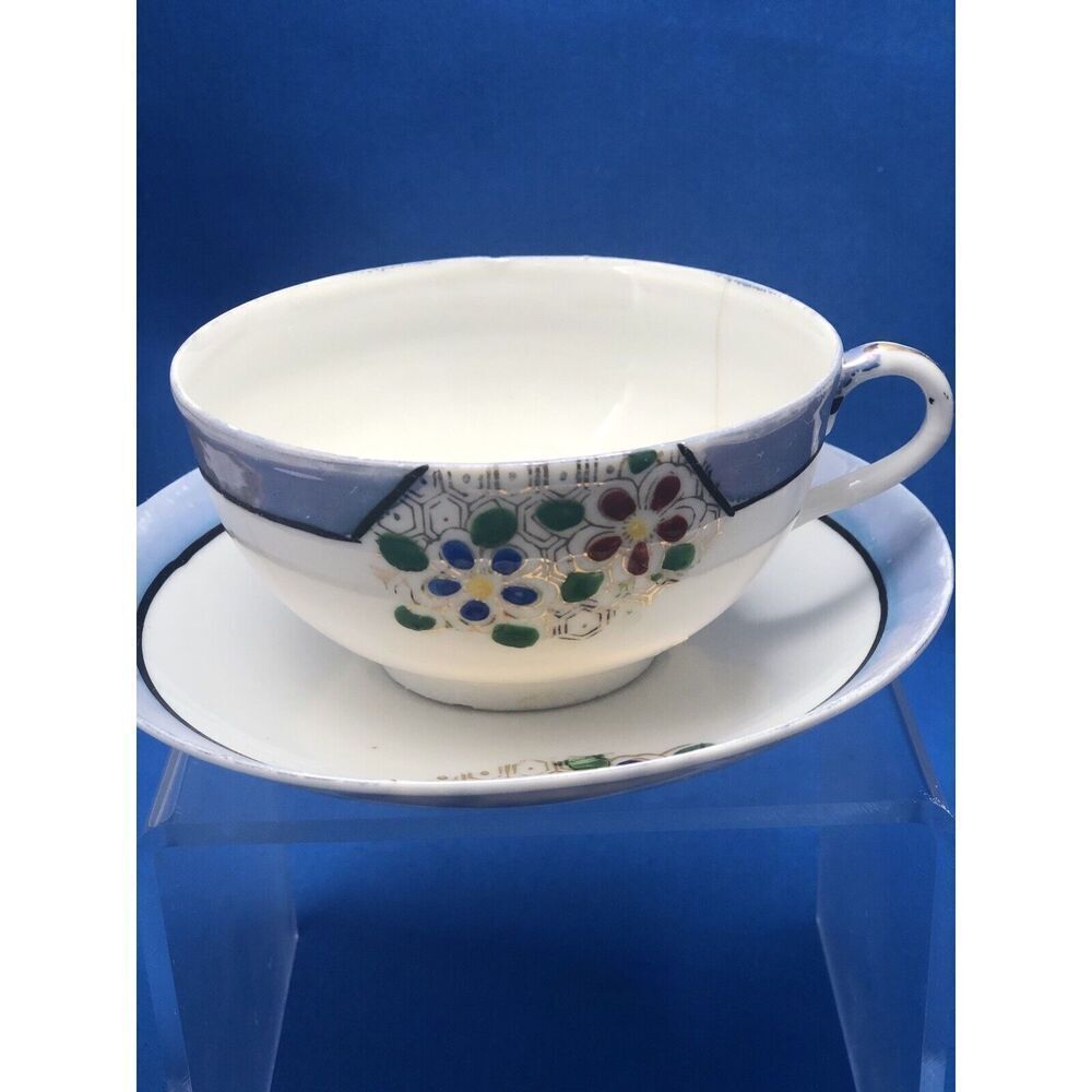 Vintage Lusterware Porcelain Tea Cup/Saucer and Plate Japan White  & Blue